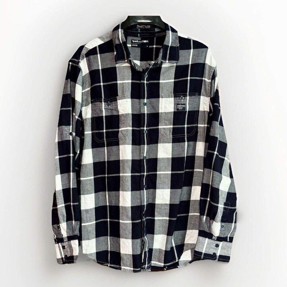 Ecko Unltd Blue White Check Shirt Men's Size XL Cotton Button Up Hip Hop Street